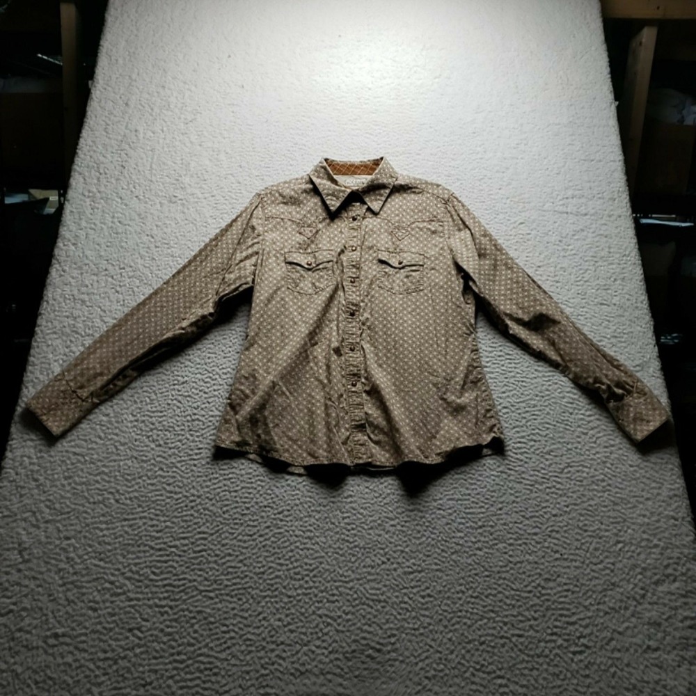 Rockies Button Up Shirt Womens XL Beige Geometric Collared Long Sleeve Woven Top